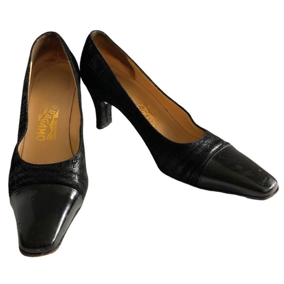 SALVATORE FERRAGAMO Suede Patent Cap Toe Pumps Size 7.5 - Picture 9 of 9